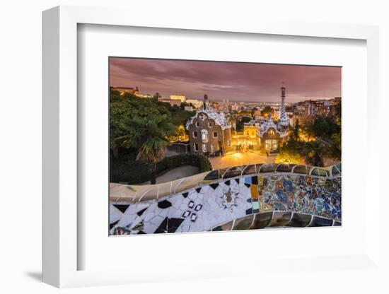 Park Guell with City Skyline Behind at Dusk, Barcelona, Catalonia, Spain-Stefano Politi Markovina-Framed Photographic Print