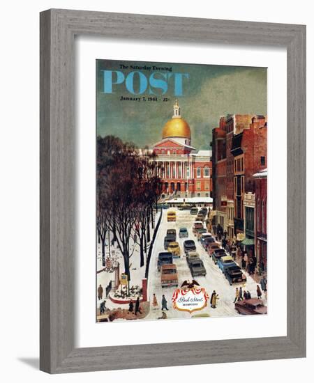 "Park Street, Boston," Saturday Evening Post Cover, January 7, 1961-John Falter-Framed Giclee Print