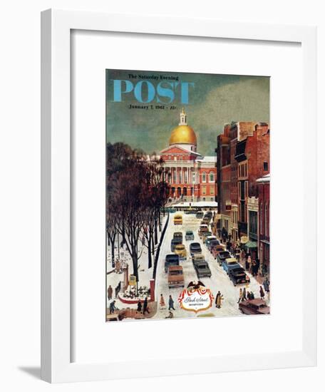 "Park Street, Boston," Saturday Evening Post Cover, January 7, 1961-John Falter-Framed Premium Giclee Print