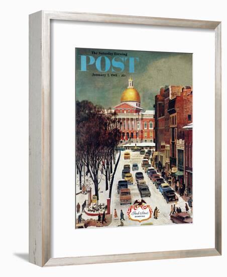 "Park Street, Boston," Saturday Evening Post Cover, January 7, 1961-John Falter-Framed Premium Giclee Print