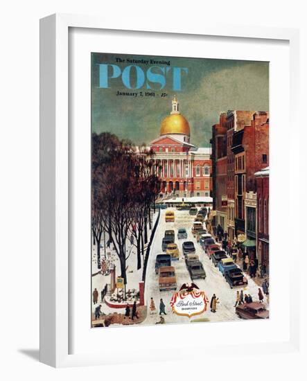 "Park Street, Boston," Saturday Evening Post Cover, January 7, 1961-John Falter-Framed Premium Giclee Print