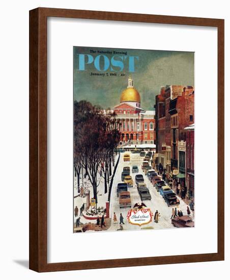 "Park Street, Boston," Saturday Evening Post Cover, January 7, 1961-John Falter-Framed Premium Giclee Print