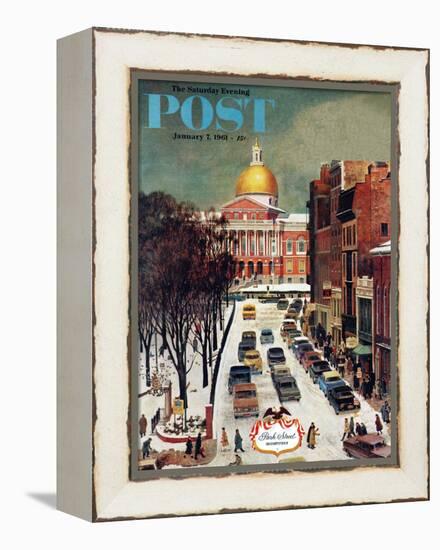 "Park Street, Boston," Saturday Evening Post Cover, January 7, 1961-John Falter-Framed Premier Image Canvas