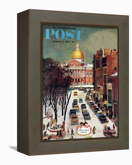 "Park Street, Boston," Saturday Evening Post Cover, January 7, 1961-John Falter-Framed Premier Image Canvas