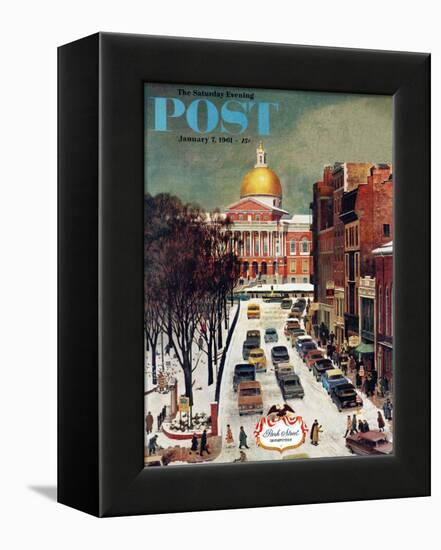 "Park Street, Boston," Saturday Evening Post Cover, January 7, 1961-John Falter-Framed Premier Image Canvas
