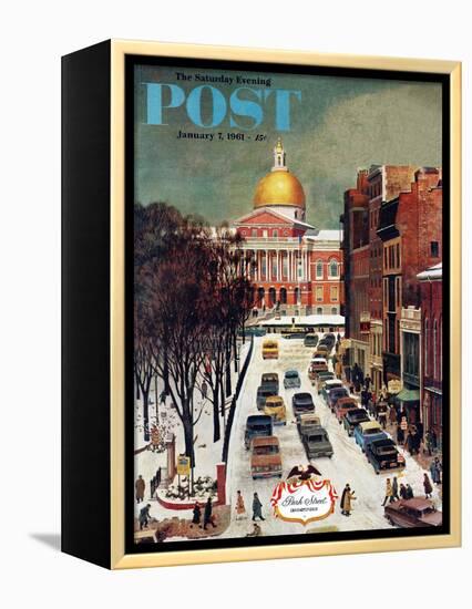 "Park Street, Boston," Saturday Evening Post Cover, January 7, 1961-John Falter-Framed Premier Image Canvas