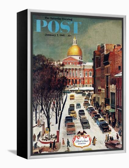 "Park Street, Boston," Saturday Evening Post Cover, January 7, 1961-John Falter-Framed Premier Image Canvas