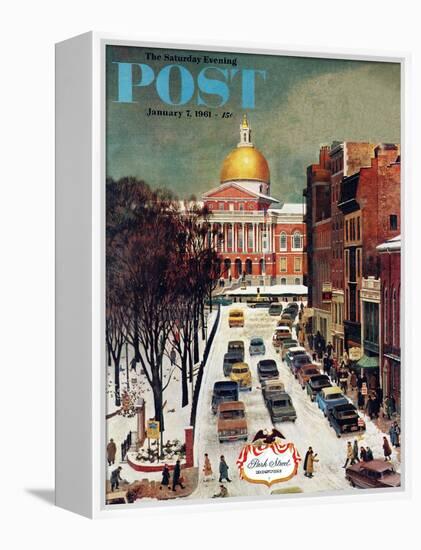 "Park Street, Boston," Saturday Evening Post Cover, January 7, 1961-John Falter-Framed Premier Image Canvas