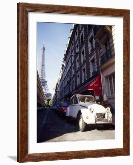 Parked Citroen on Rue De Monttessuy, with the Eiffel Tower Behind, Paris, France-Geoff Renner-Framed Photographic Print