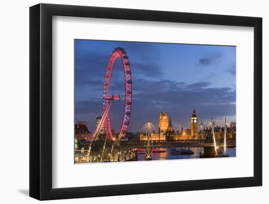 Parliament, London Eye and Jubilee Bridge on River Thames, London, UK-Peter Adams-Framed Photographic Print