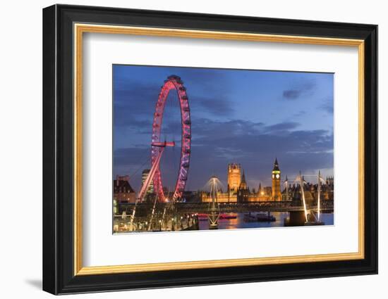 Parliament, London Eye and Jubilee Bridge on River Thames, London, UK-Peter Adams-Framed Photographic Print