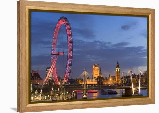 Parliament, London Eye and Jubilee Bridge on River Thames, London, UK-Peter Adams-Framed Premier Image Canvas