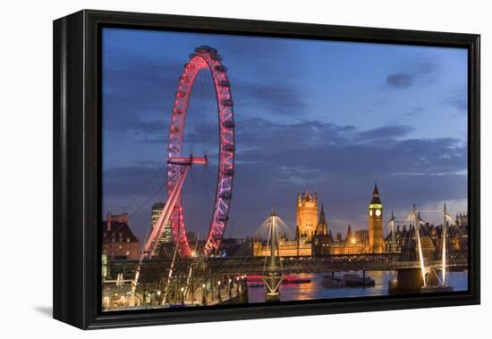 Parliament, London Eye and Jubilee Bridge on River Thames, London, UK-Peter Adams-Framed Premier Image Canvas