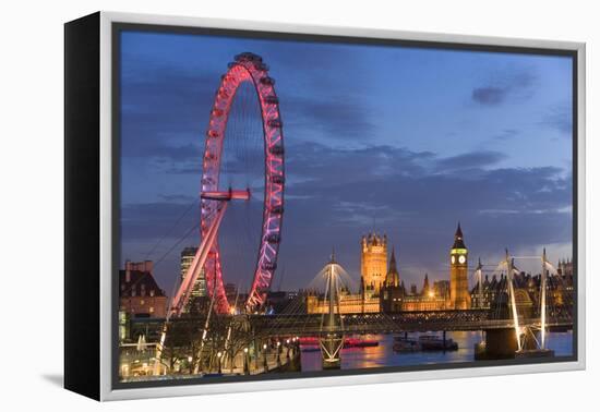 Parliament, London Eye and Jubilee Bridge on River Thames, London, UK-Peter Adams-Framed Premier Image Canvas