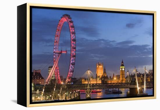 Parliament, London Eye and Jubilee Bridge on River Thames, London, UK-Peter Adams-Framed Premier Image Canvas