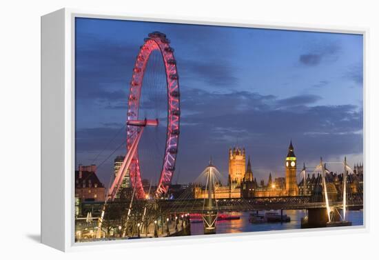 Parliament, London Eye and Jubilee Bridge on River Thames, London, UK-Peter Adams-Framed Premier Image Canvas