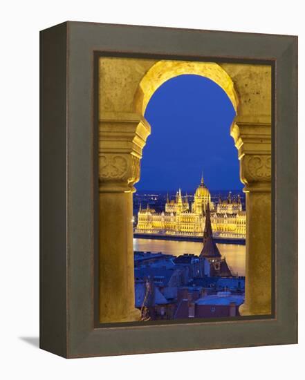 Parliament (Orszaghaz) Through Arches of Fishermen's Bastion (Halaszbastya) at Dusk, UNESCO World H-Stuart Black-Framed Premier Image Canvas