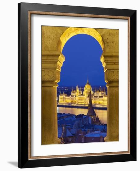 Parliament (Orszaghaz) Through Arches of Fishermen's Bastion (Halaszbastya) at Dusk, UNESCO World H-Stuart Black-Framed Photographic Print