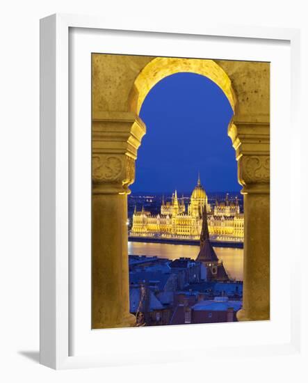 Parliament (Orszaghaz) Through Arches of Fishermen's Bastion (Halaszbastya) at Dusk, UNESCO World H-Stuart Black-Framed Photographic Print