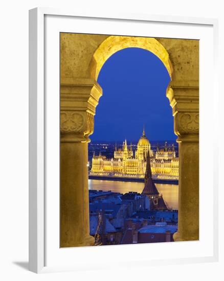 Parliament (Orszaghaz) Through Arches of Fishermen's Bastion (Halaszbastya) at Dusk, UNESCO World H-Stuart Black-Framed Photographic Print