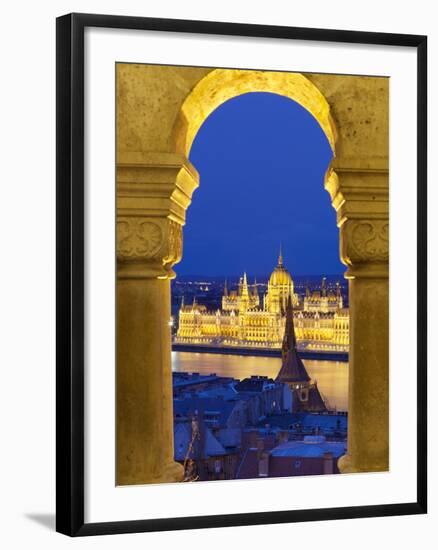 Parliament (Orszaghaz) Through Arches of Fishermen's Bastion (Halaszbastya) at Dusk, UNESCO World H-Stuart Black-Framed Photographic Print