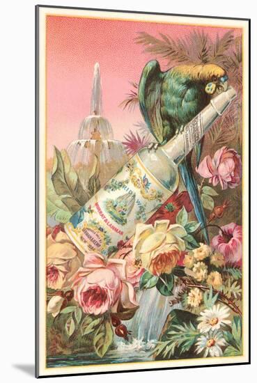 Parrot on Bottle with Roses-null-Mounted Art Print
