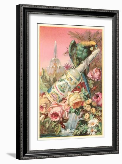 Parrot on Bottle with Roses-null-Framed Art Print