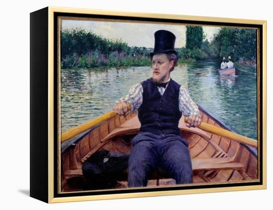 Part of the Boat. A Man Wearing a Tall Hat Rowing in a Boat. Painting by Gustave Caillebotte (1848--Gustave Caillebotte-Framed Premier Image Canvas