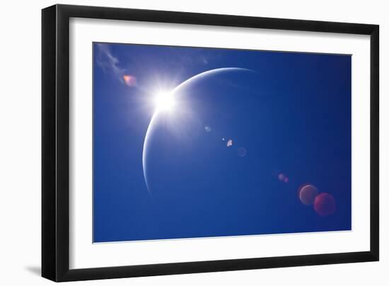 Partial Solar Eclipse with Blue Sky and Lens Flare-Johan Swanepoel-Framed Art Print