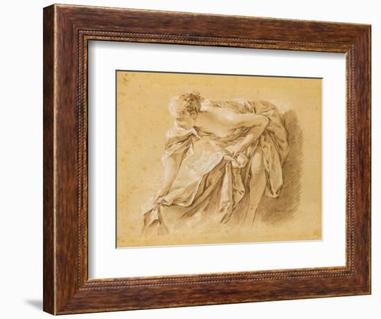 Partially Nude Woman Bathing (Black, Red and White Chalk on Paper)-Francois Boucher-Framed Giclee Print