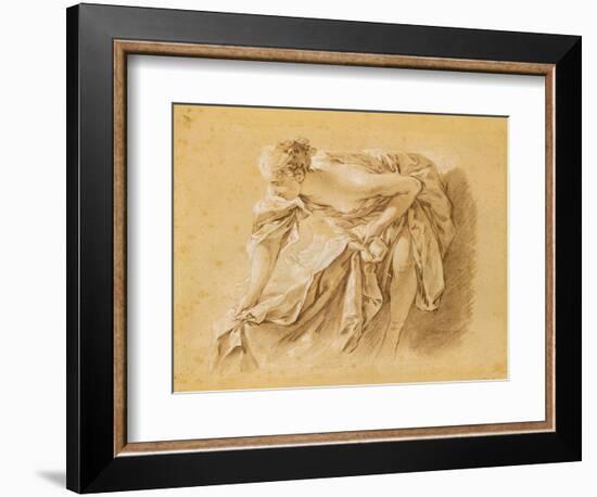 Partially Nude Woman Bathing (Black, Red and White Chalk on Paper)-Francois Boucher-Framed Giclee Print