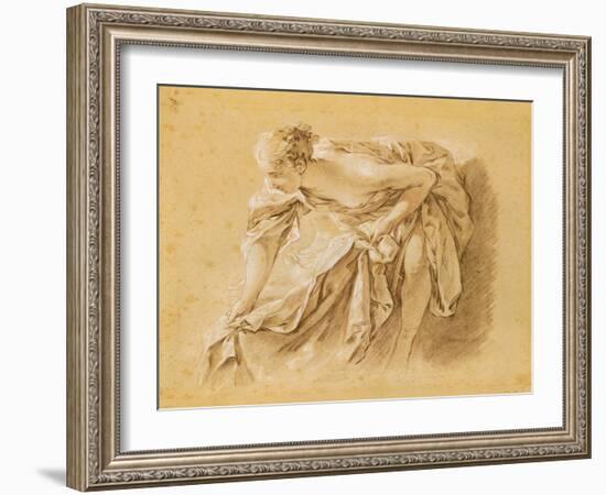 Partially Nude Woman Bathing (Black, Red and White Chalk on Paper)-Francois Boucher-Framed Giclee Print