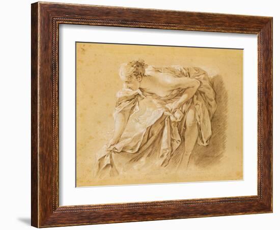 Partially Nude Woman Bathing (Black, Red and White Chalk on Paper)-Francois Boucher-Framed Giclee Print