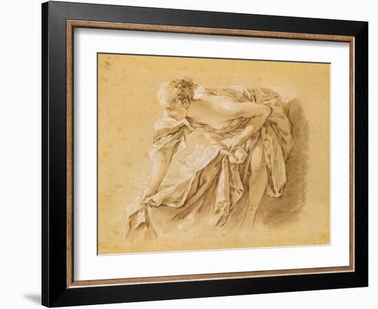 Partially Nude Woman Bathing (Black, Red and White Chalk on Paper)-Francois Boucher-Framed Giclee Print