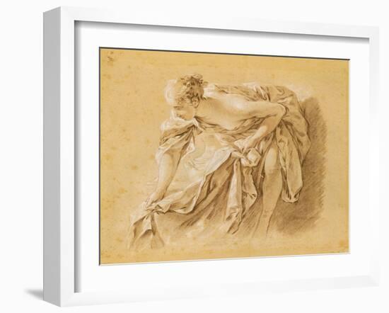 Partially Nude Woman Bathing (Black, Red and White Chalk on Paper)-Francois Boucher-Framed Giclee Print