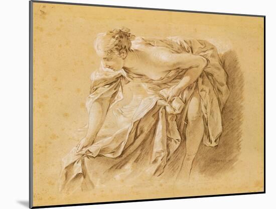 Partially Nude Woman Bathing (Black, Red and White Chalk on Paper)-Francois Boucher-Mounted Giclee Print