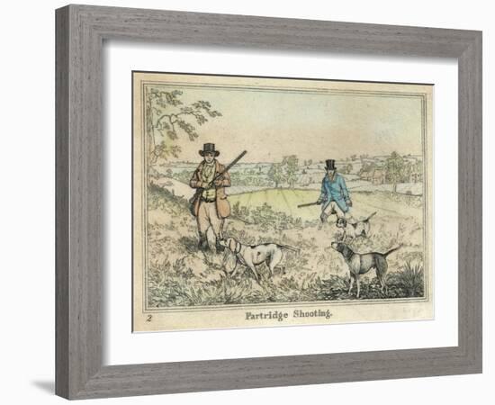 Partridge, Two Men and Their Dogs Looking for Partridge in an Open Field-Henry Thomas Alken-Framed Art Print