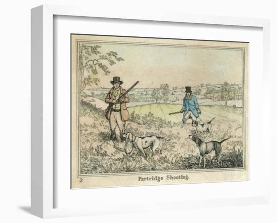 Partridge, Two Men and Their Dogs Looking for Partridge in an Open Field-Henry Thomas Alken-Framed Art Print