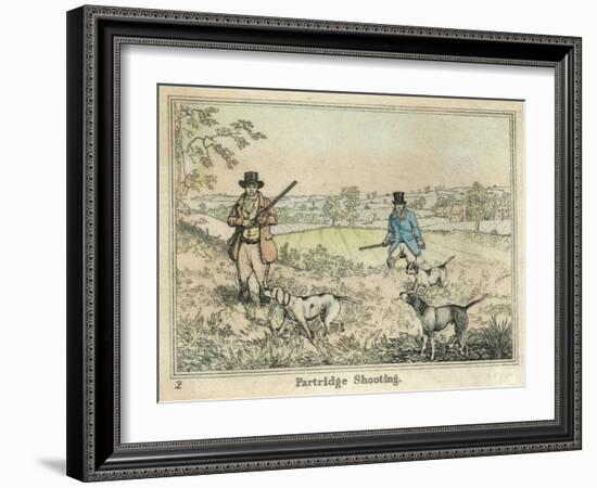 Partridge, Two Men and Their Dogs Looking for Partridge in an Open Field-Henry Thomas Alken-Framed Art Print