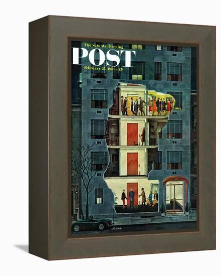 "Party Holding Up the Elevator," Saturday Evening Post Cover, February 25, 1961-Ben Kimberly Prins-Framed Premier Image Canvas