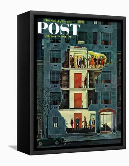 "Party Holding Up the Elevator," Saturday Evening Post Cover, February 25, 1961-Ben Kimberly Prins-Framed Premier Image Canvas