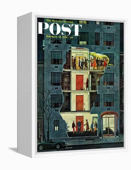 "Party Holding Up the Elevator," Saturday Evening Post Cover, February 25, 1961-Ben Kimberly Prins-Framed Premier Image Canvas