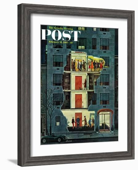 "Party Holding Up the Elevator," Saturday Evening Post Cover, February 25, 1961-Ben Kimberly Prins-Framed Giclee Print