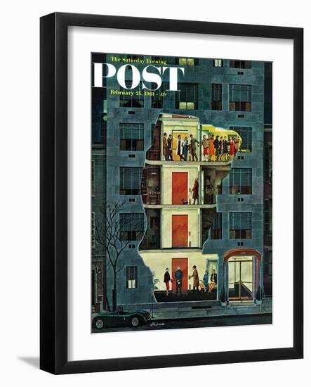 "Party Holding Up the Elevator," Saturday Evening Post Cover, February 25, 1961-Ben Kimberly Prins-Framed Giclee Print