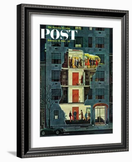 "Party Holding Up the Elevator," Saturday Evening Post Cover, February 25, 1961-Ben Kimberly Prins-Framed Giclee Print