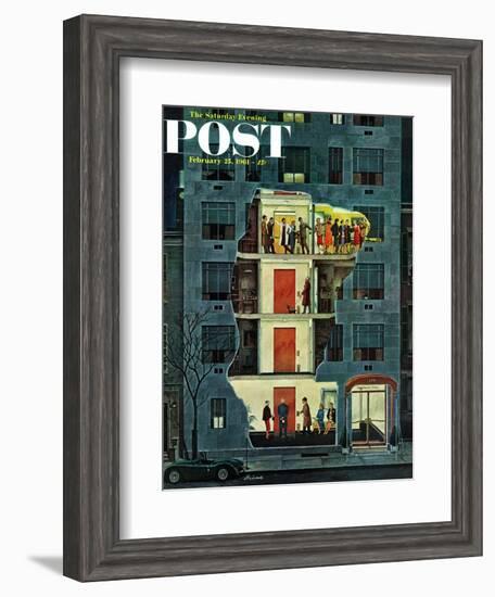 "Party Holding Up the Elevator," Saturday Evening Post Cover, February 25, 1961-Ben Kimberly Prins-Framed Giclee Print