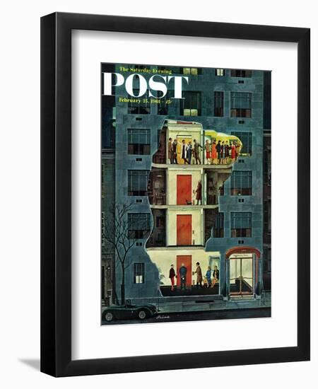 "Party Holding Up the Elevator," Saturday Evening Post Cover, February 25, 1961-Ben Kimberly Prins-Framed Giclee Print