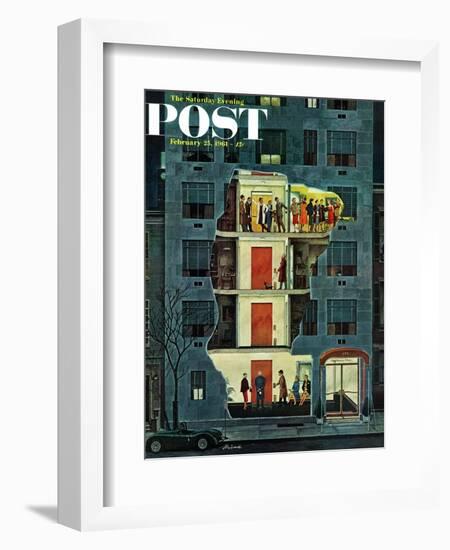 "Party Holding Up the Elevator," Saturday Evening Post Cover, February 25, 1961-Ben Kimberly Prins-Framed Giclee Print