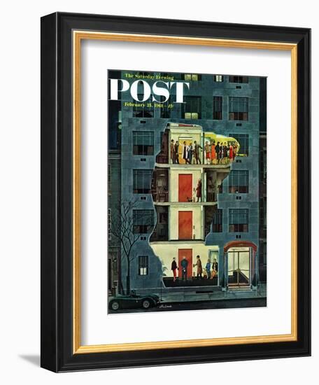 "Party Holding Up the Elevator," Saturday Evening Post Cover, February 25, 1961-Ben Kimberly Prins-Framed Giclee Print