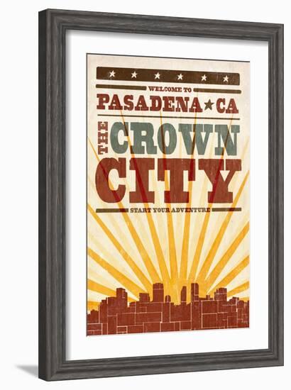 Pasadena, California - Skyline and Sunburst Screenprint Style-Lantern Press-Framed Art Print